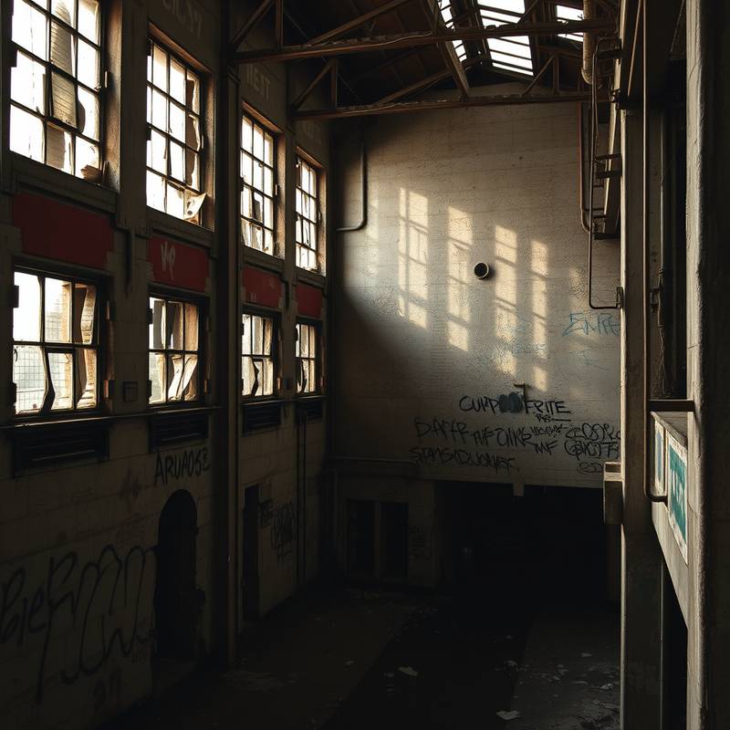 Abandoned industrial factory with broken windows and graffiti, perfect for horror or thriller films.