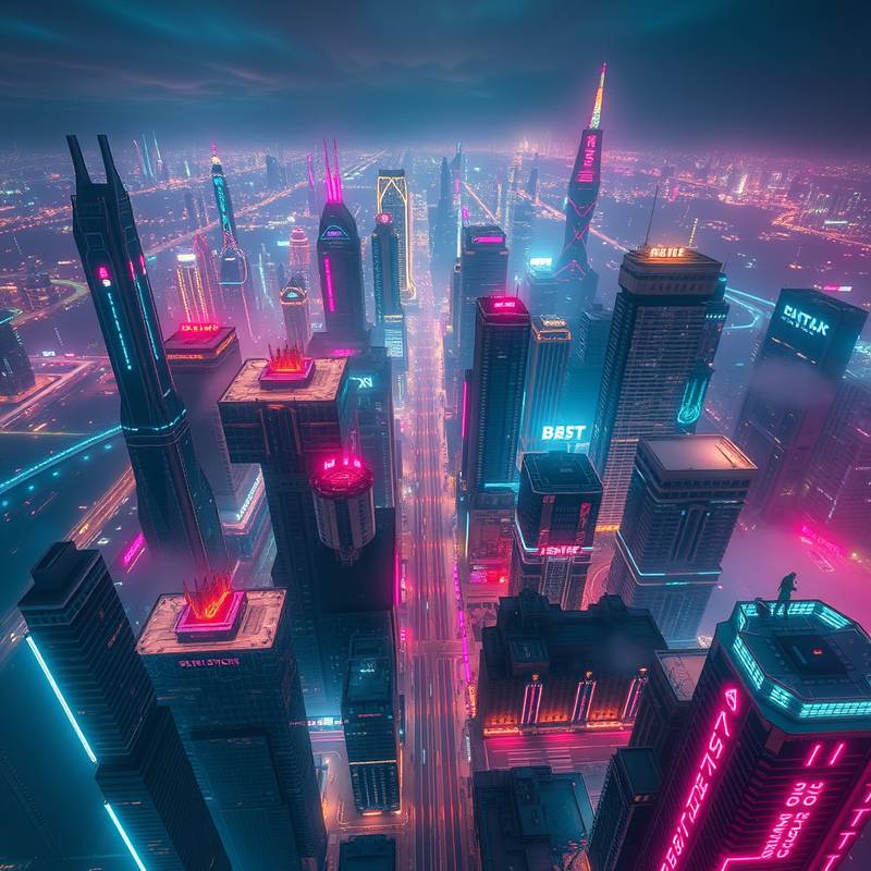 Aerial view of futuristic cityscape with neon lights, showcasing a cyberpunk aesthetic.