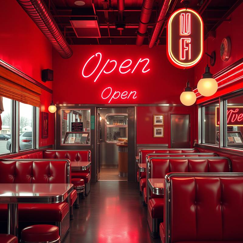 Classic American diner with red booths, chrome accents, and a neon 'Open' sign.