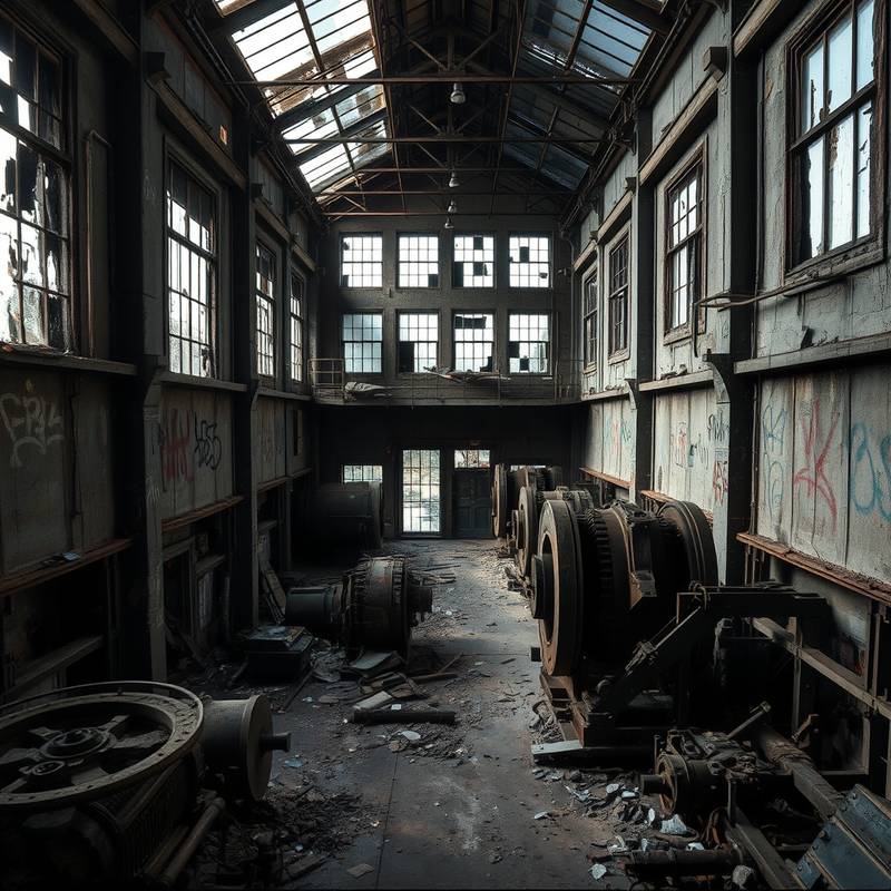 Dilapidated industrial factory interior with broken windows, graffiti, and rusty machinery.