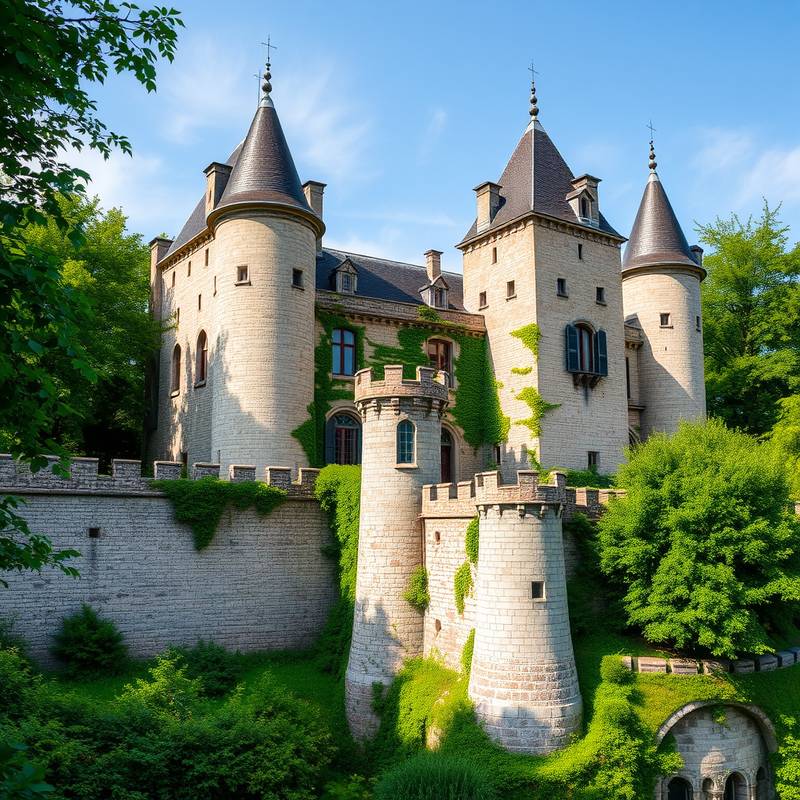 Exterior view of a historic European castle with stone walls, turrets, and lush green surroundings.