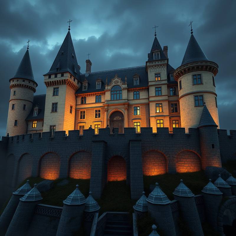 Historic European castle with stone walls and turrets, suitable for historical dramas and fantasy films.
