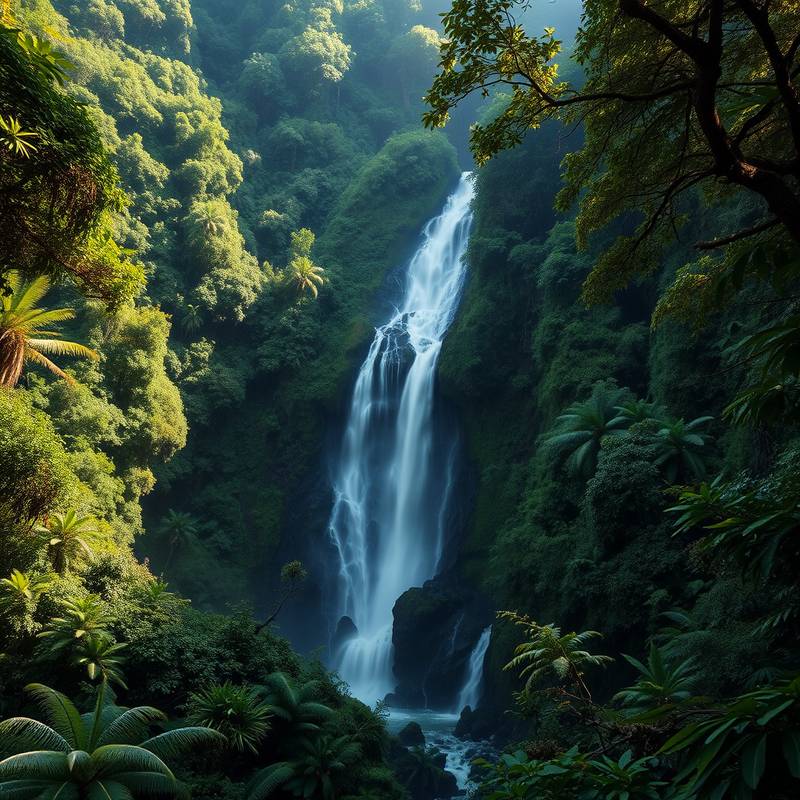 Lush rainforest with dense vegetation and waterfalls, suitable for adventure films and nature documentaries.