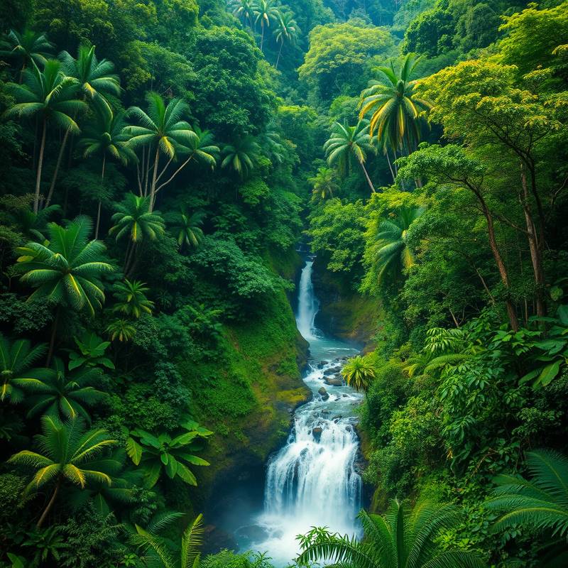 Lush rainforest with dense vegetation, towering trees, and a cascading waterfall.