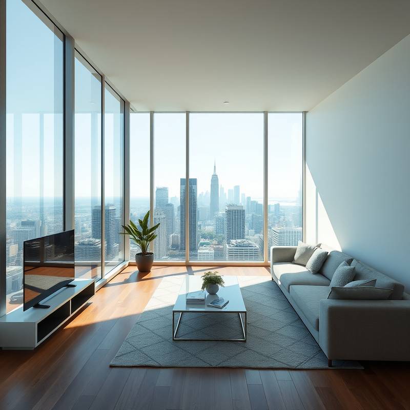 Modern minimalist apartment interior with floor-to-ceiling windows and panoramic city views.