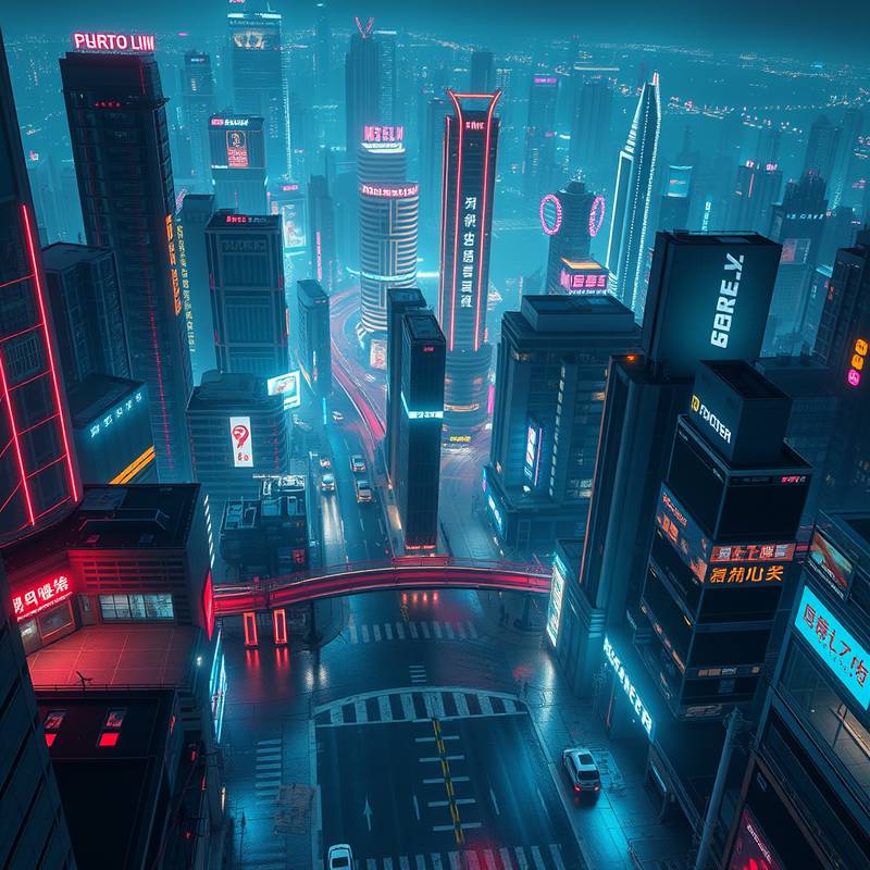 Nighttime aerial view of a futuristic cityscape with neon lights reflecting on wet streets.