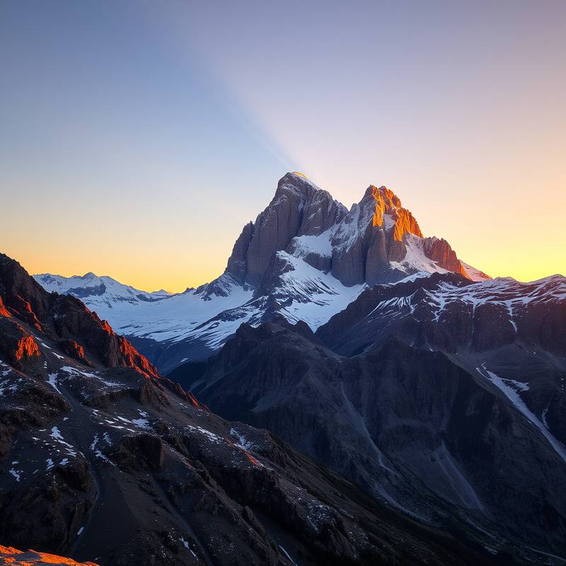 Picturesque rocky mountain sunset with snow capped peaks.