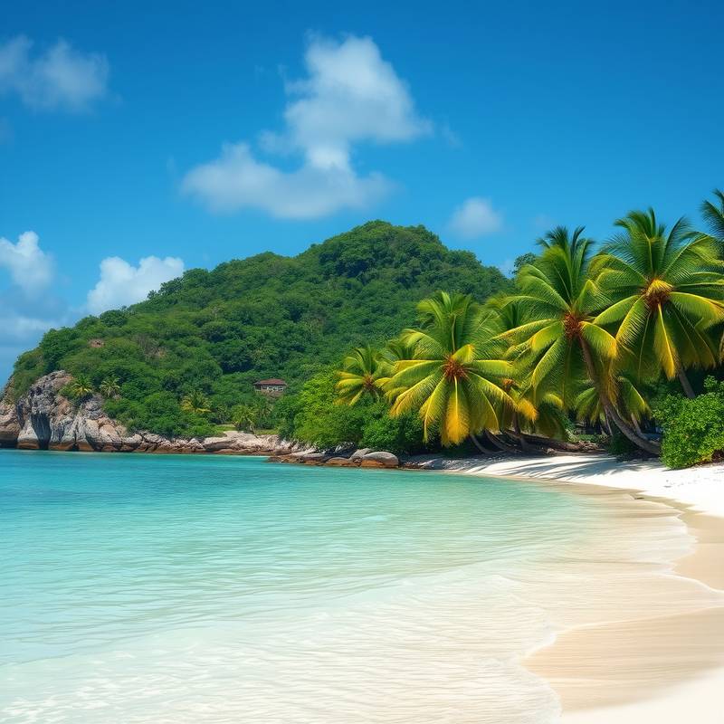 Serene tropical beach with clear turquoise water, white sand, and palm trees swaying in the breeze.