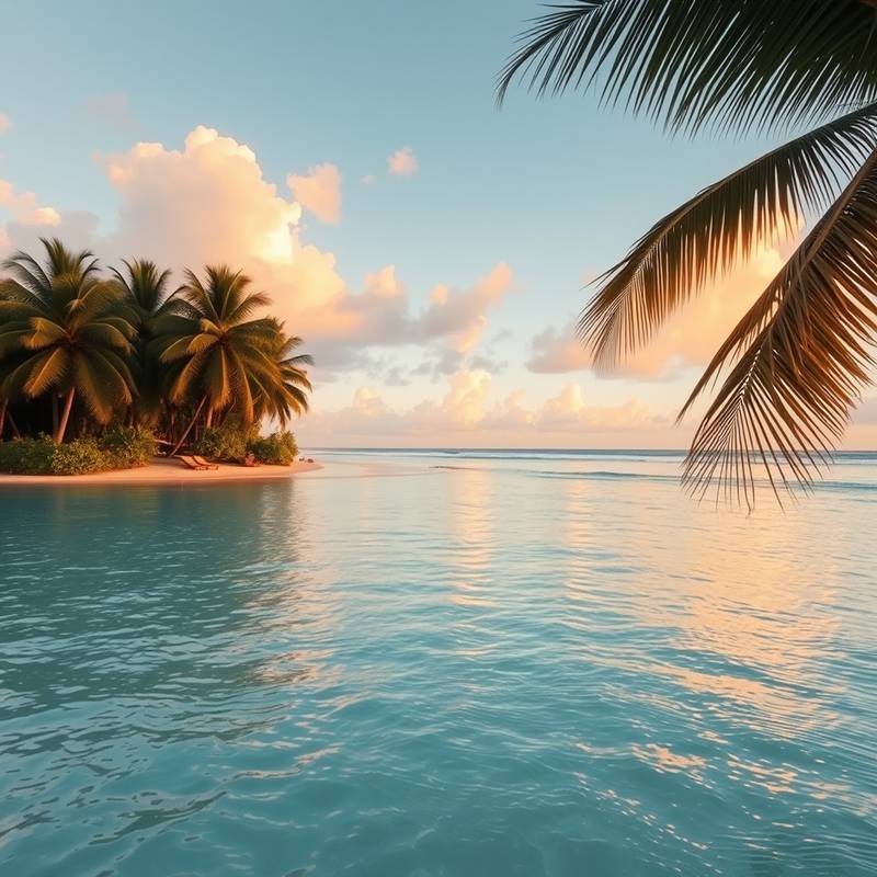 Serene tropical beach with turquoise water and palm trees, suitable for romantic comedies and vacation scenes.